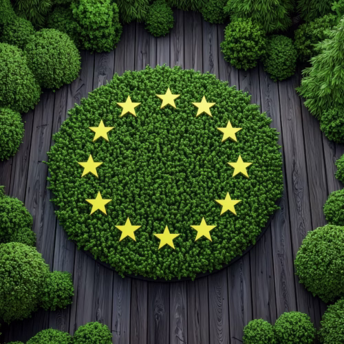 Procircular – SCRAP y Responsabilidad Ampliada del Productor 2 Círculo de vegetación con las doce estrellas amarillas de la bandera de la Unión Europea, rodeado de árboles y arbustos sobre un suelo de madera oscura.